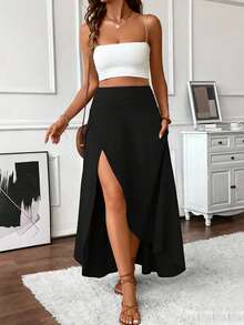 Falda asimétrica de talle alto con volantes y abertura, con pantalones cortos incorporados y bolsillos, vestido de línea A para vacaciones de primavera/verano y deportes, talla grande - Negro - Ver 7