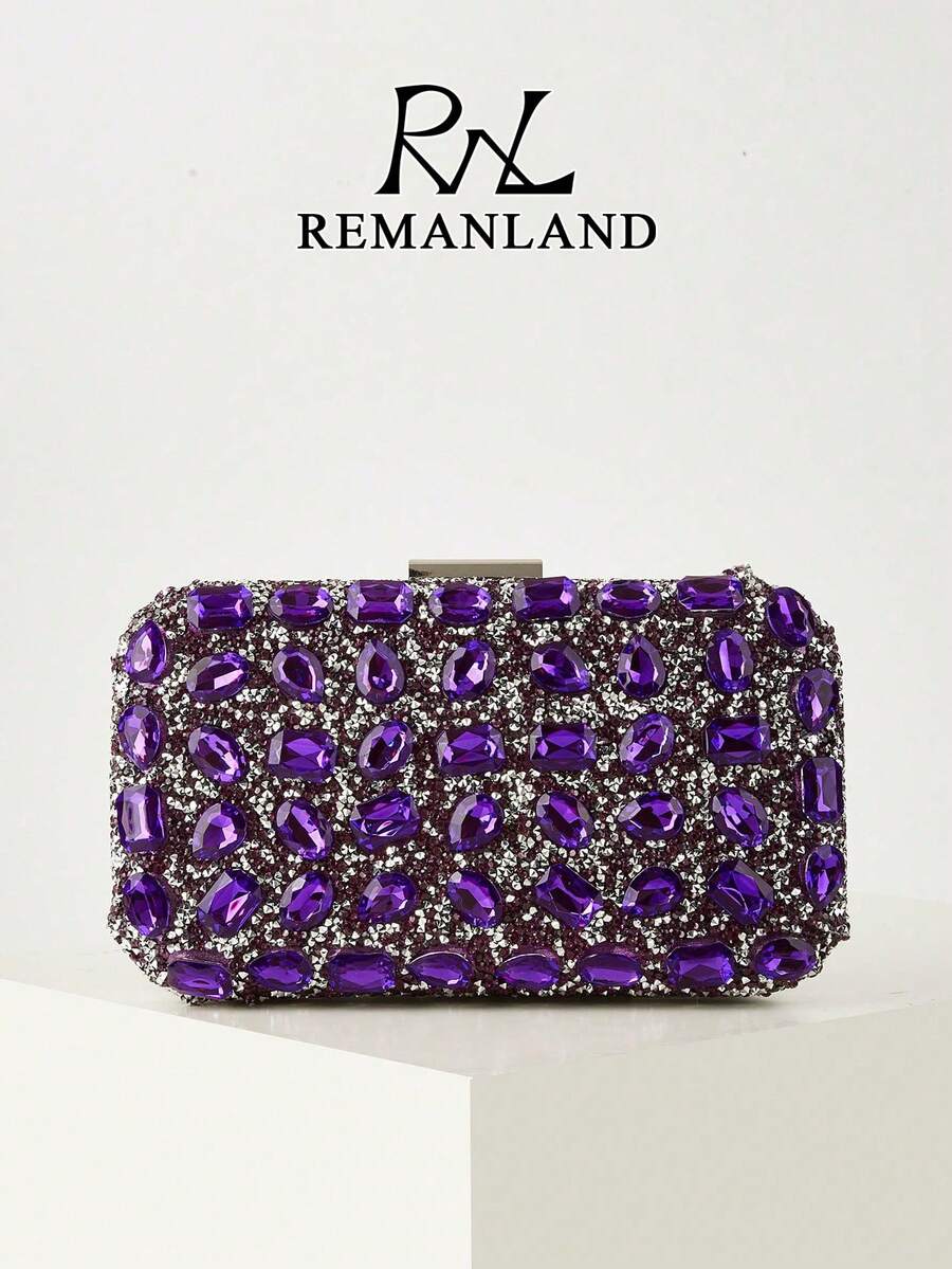 REMANLAND 閃亮精緻方盒包,優雅時尚手拿包,藍色水鑽鍊條包,適合女性參加派對、婚禮、晚餐、宴會及其他場合,派對女孩與女性的理想選擇,也是送給女性的最佳禮物 - 紫色 - 查看 1