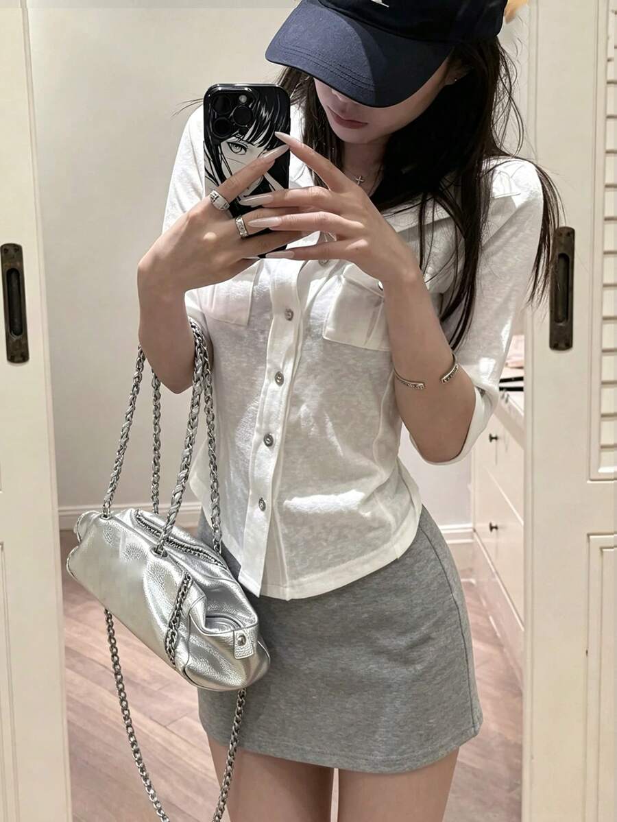 Áo croptop gợi cảm, áo sơ mi co giãn tiện dụng cho nữ, áo kiểu trắng đa năng. - trắng - Xem 1