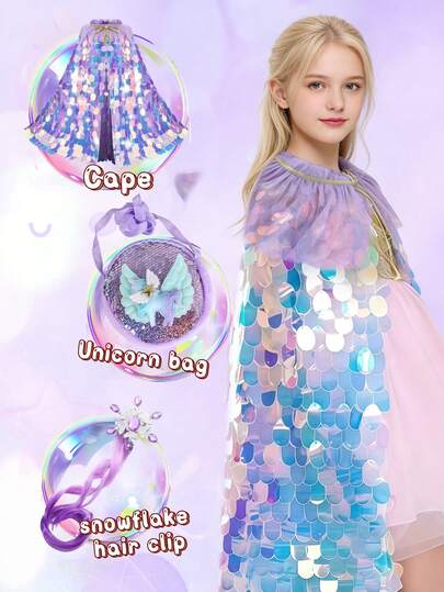 Conjunto de unicornio, pinza para el cabello con copos de nieve, capa con lentejuelas, unicornio colorido, conjunto de disfraz de princesa, perfecto para juegos de roles, Pascua, Halloween, cumpleaños, Navidad, fiestas y pequeños regalos para amigos