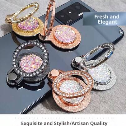 Suporte de anel para smartphone com rotação de 360°, anel externo cravejado de diamantes, suporte redondo, compatível com todos os modelos de telefone, disponível em dourado, ouro rosa, prateado e liga metálica, fixação por anel, instalação adesiva, design personalizado e criativo.