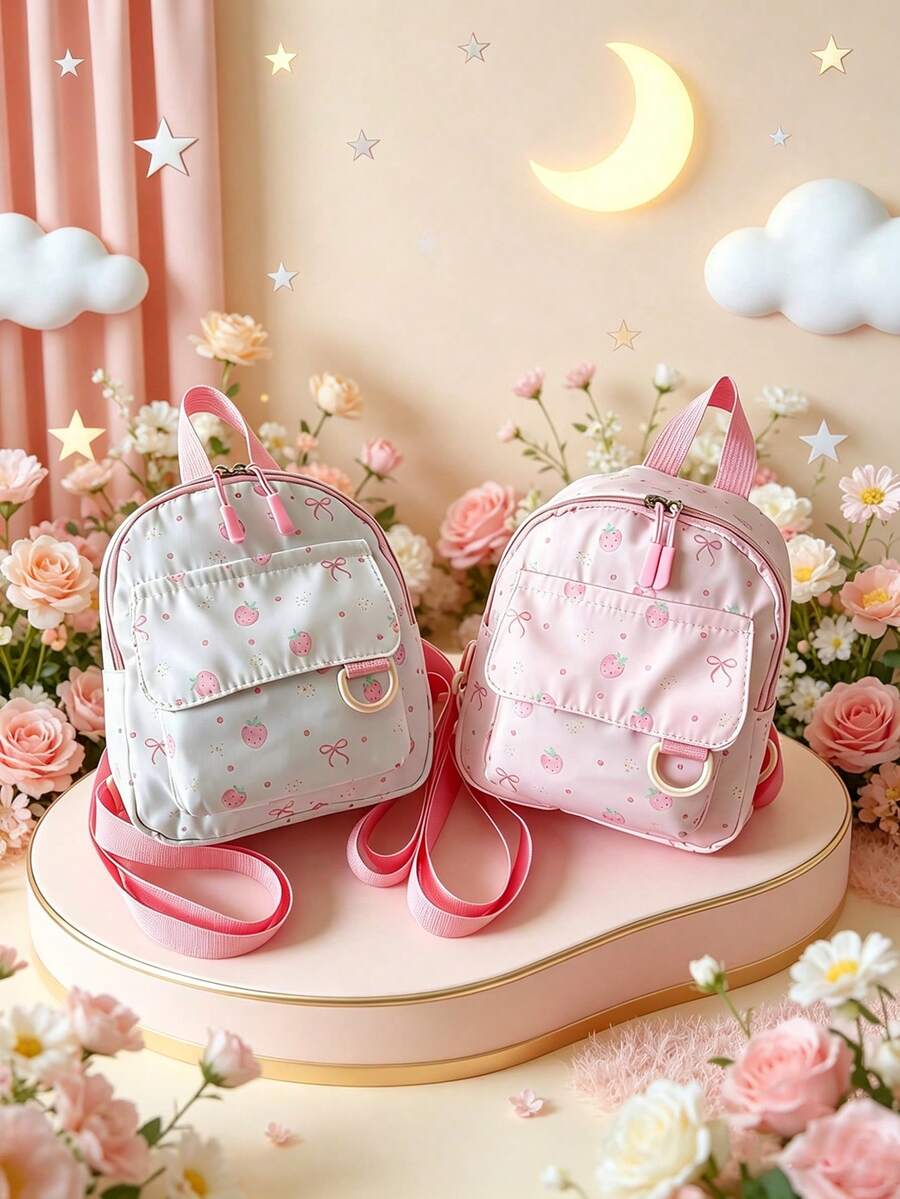 1pc Zipper Closure Small Backpack With Cute And Sweet Cartoon Bow And Strawberry Print Pattern, Suitable For Any Occasion Lightweight Travel Backpack, Comfortable And Adjustable Shoulder Straps, Meet Basic Storage Needs, Suitable For Outdoor, Play, Commuting, School, Outdoor Photo Taking, It Is An Ideal Gift Choice, Hot Selling - Multicolor - View 1