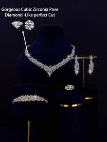 5pcs Luxury Royal Style V-Shaped Bridal Wedding Jewelry Set, Handset White Cubic Zirconia, Including Necklace, Bracelet, Earrings, Ring, Suitable For Daily Wear And Wedding, Wedding Anniversary Gift (Comes With High-End Golden Gift Box) - V-shaped Bridal Suit - View 2