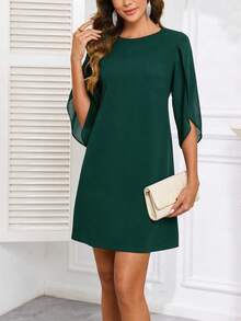 Women's Solid Color Round Neck Cocktail Party Ruffle Sleeve High Waist Chiffon A-Line Casual Dress Spring Elegant - Green - View 5