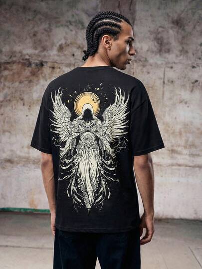 Skyrend 男士街头风T恤，暗黑哥特恐怖朋克图案，都市街头风格，前卫短袖上衣