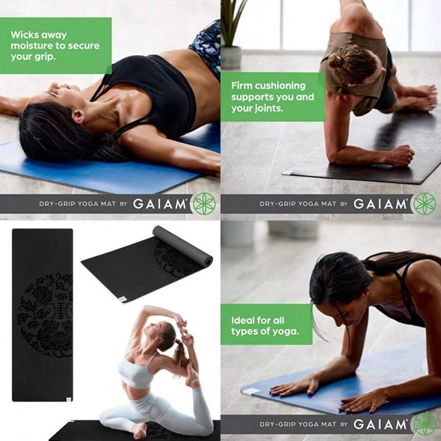 Dry-Grip Yoga Mat - 5mm Thick Non-Slip Exercise and Fitness Mat for Standard or Hot Yoga Pilates and Floor Workouts - Cushioned Support Non-Slip Coat - 68 x 24 Inches - Negro - Ver 1