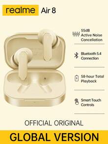 Realme Buds Air 8 无线耳机，具备主动降噪、入耳式设计、蓝牙 5.4、LHDC 和 Hi-Res 音频、14 小时续航、IP55 防水，适用于游戏和音乐，支持多设备连接，并具备 AI 功能。 - 查看 7