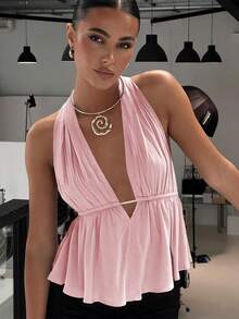 Top de mujer de poliéster con lazo, unicolor, espalda descubierta, nudo, volantes y tiras, adecuado para playa, fiesta de noche, cita, boda, hogar, cena formal, estilo callejero, primavera, otoño, verano - Rosa Pálido - Ver 4