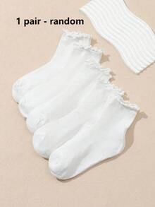 5 pares de calcetines de media caña con volantes de unicolor para mujer, primavera/verano - Blanco - Ver 10
