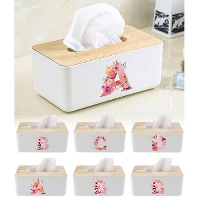 Hộp đựng khăn giấy bằng nhựa có nắp gỗ, họa tiết hoa hồng hồng và 26 chữ cái tiếng Anh, dung tích lớn, thích hợp trang trí cho gia đình, nhà bếp, phòng ngủ, phòng khách, phòng ăn, bộ đồ ăn.