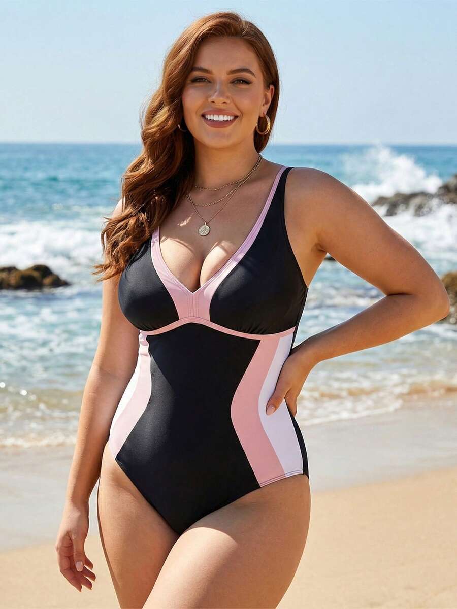 Traje de baño monokini para mujer, colores contrastantes, escote en V, espalda con lazo, sin mangas, ideal para la playa. - Negro - Ver 1