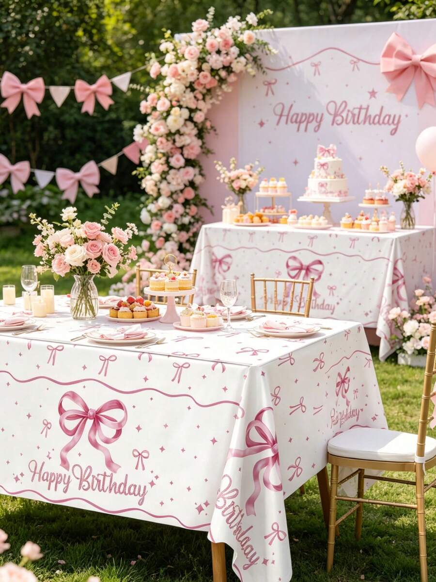 1件/3件装粉色蝴蝶结生日派对桌布，白色背景上印有可爱的粉色蝴蝶结图案，适合一周岁生日派对、女宝宝派对，也可作为生日派对装饰桌布、婴儿派对礼物、一周岁生日派对桌布、生日房间装饰、一周岁生日礼物或婴儿派对装饰品。