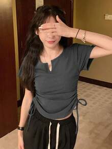 Áo thun nữ tay ngắn màu trơn có dây rút, kiểu dáng mùa hè thường ngày. - Xám - Xem 5