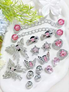 18pcs Silver & Pink Butterfly Diamond Chain Shoe Accessories, Suitable For Shoes With Holes Like Slippers, Sandals, Beach Shoes, Removable DIY Shoe Decorations - Silver Pink Chain - View 9
