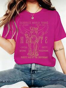 Vintage-Inspired Hecate Goddess Thement Graphic Print T-Shirt - Soft Polyester Knite Fabric Short Sleeve Crew Neck Top -Perfect For Women Spring & Summer Casual Casual Attirevacation Outfits Women Q7XS - 玫紅色 - 查看 12