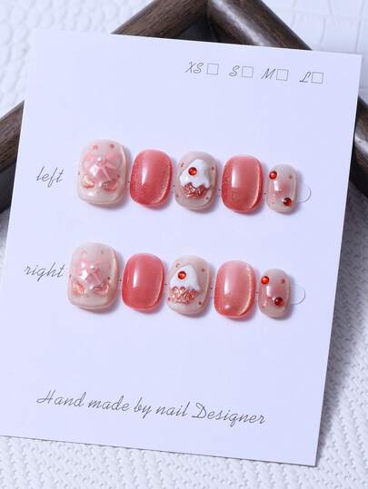 10pcs/Set Handmade Short Round Sleeve Pieces In Y2K Pink Style & 3D Handcrafted Sweet Dessert Cakes & Hand Painted Bow Gradient Blush Design For Nail Decoration. 1 Piece Of Jelly Gel And 1 Piece Of Nail File. Perfect For Daily Life And For Costumes At Coachella Music Festival, Press On Nails And Nail Care Products.