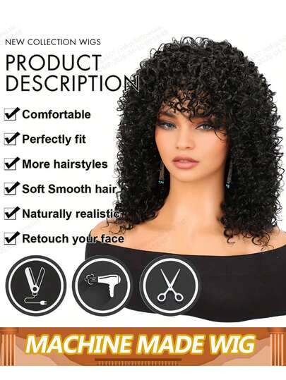 Tóc giả bob gợn sóng có mái, tóc giả ngắn xoăn tự nhiên, không cần keo dán, không có ren, kiểu tóc bob làm bằng máy dành cho nữ, màu đen tự nhiên, độ dày 180%.