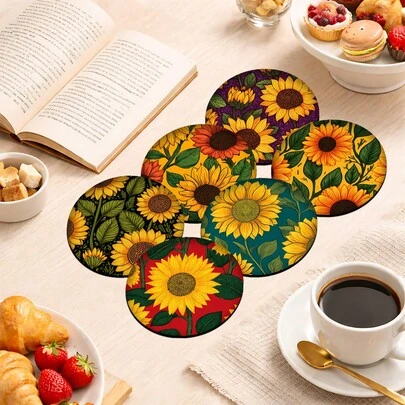 6pcs Sunflower Pattern Coaster Set, Home Decor Absorbent Silica Gel Coasters For Tea Cup, Coffee Mug, Wine Glass, Suitable For Home, Party, Kitchen Accessories, All Season Decoration