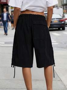 Womens Denim Cargo Shorts Summer Fashionable Drawstring Loose Knee Length Jean Shorts With Pocket - Đen 2 - Xem 3