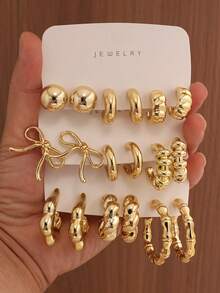 6-18 piezas Pendientes con lazo esférico y textura, adecuados para fiesta, banquete, viaje, boda, vacaciones, uso diario, regalo de joyería - Dorado - Ver 9