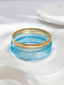 6pcs Women's Elegant Resin & Metal Bangle Bracelet Set, Suitable For Daily Wear (Random Color & Pattern) - Blue-b1456 - View 3