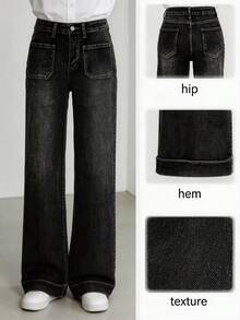Women's High-Waist Straight-Leg Denim Jeans - Slimming Vintage Style, Stretch Blend With Classic Button Closure, Casual Retro Everyday Fashion - màu đen - Xem 3