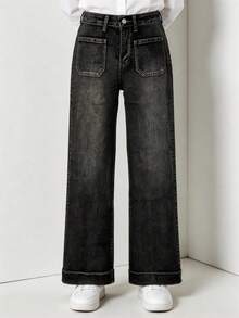 Women's High-Waist Straight-Leg Denim Jeans - Slimming Vintage Style, Stretch Blend With Classic Button Closure, Casual Retro Everyday Fashion - màu đen - Xem 16