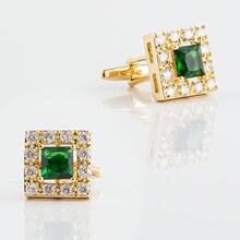 Elegant Green Square Rhinestone Cufflinks. Minimalist & Modern. Perfect For Business, Weddings, Gifts & Formal Events. Elevate Your Style. - Golden Green - View 4