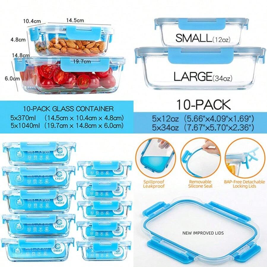 C - Contenedores de vidrio para preparación de comidas paquete de 10 recipientes de vidrio para almacenamiento de alimentos con tapas cajas de vidrio herméticas sin BPA y a prueba de fugas - Azul - Ver 1