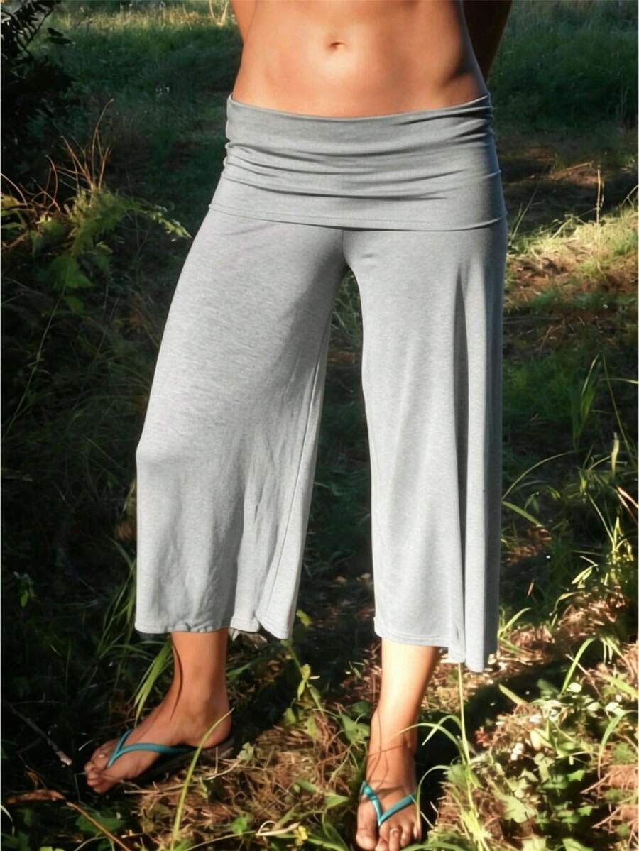 Fold Over Wide Leg Capri Pants For Women Low Rise Yoga Flare Culottes Y2k Flowy Crop Palazzo Gaucho Pants Summer Beach Bottom - 灰色 - 查看 1