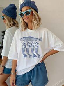 Mermaid Sardine Shirt Sardines Graphic Tee Coastal Aesthetic Tinned Fish Shirt Italian Summer Clothes - 白色 - 查看 3