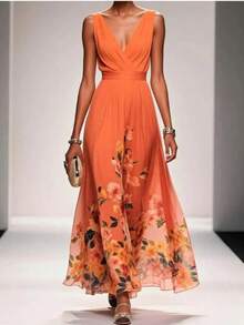 Maxi Dress  Summer Dresses For Women Dresses For Women Vacation Outfits Women Vestidos Elegantes De Mujer Dresses For Women Elegant Elegant V-Neck Dress - Evening Gown - Sleeveless - 橘色 - 查看 1