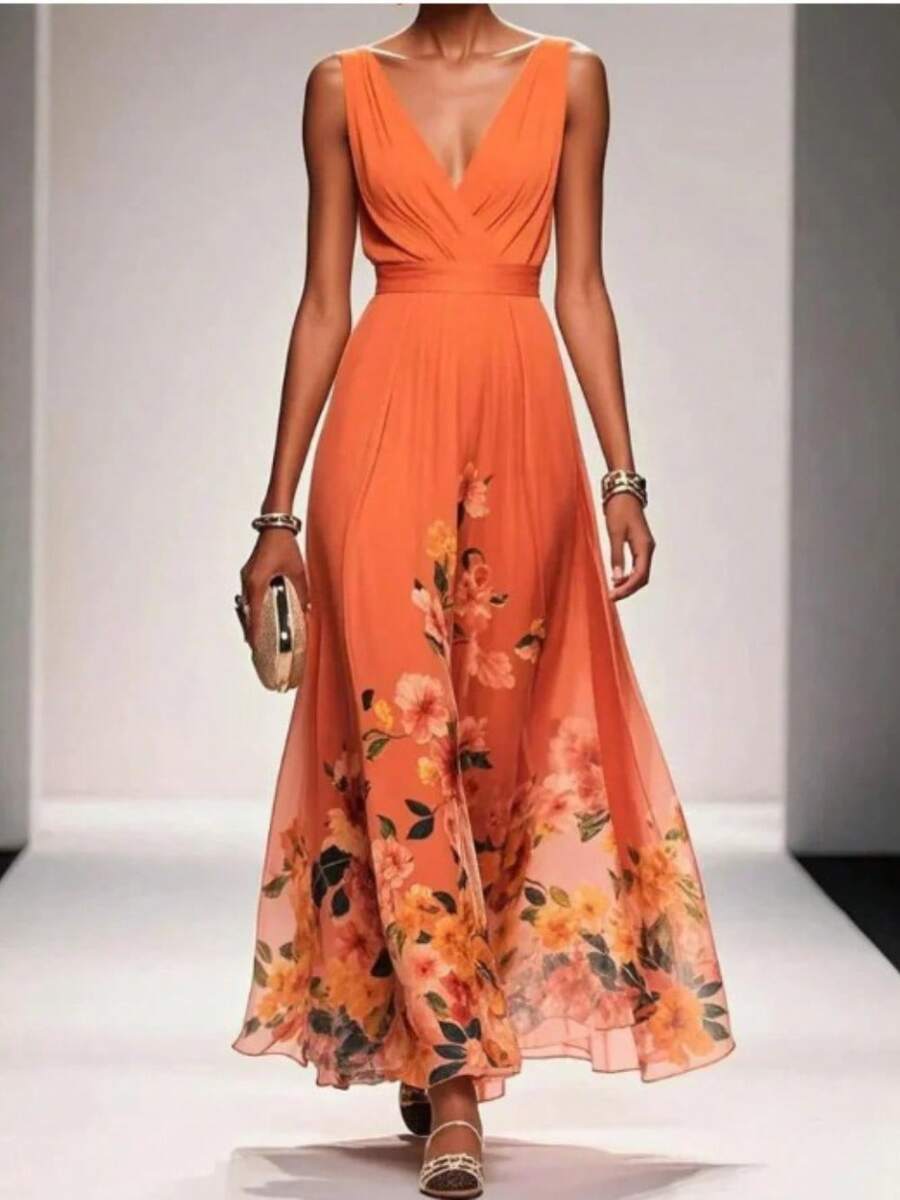 Maxi Dress Summer Dresses For Women Dresses For Women Vacation Outfits Women Vestidos Elegantes De Mujer Dresses For Women Elegant Elegant V-Neck Dress - Evening Gown - Sleeveless - 橘色 - 查看 1
