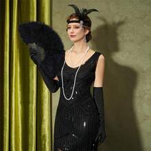 2組裝 1920年代女式 Flapper 配件－羽毛扇、髮箍套組，適用復古婚禮舞蹈 Cosplay 裝扮道具飾品，黑色 - 彩色 - 查看 7