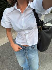 Look Polly 女士 Y2K 风格校园衬衫，休闲衬衫，前开襟纽扣，简约白色上衣，适合海滩、校园、度假和约会等场合。 - 白色 - 查看 5