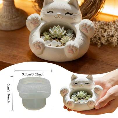 1pc Lying Cat Planter Resin Silicone Mold, Reclining Kitty With Hollow Belly Container Design, Easy Release Flexible Mold For Succulent Planters Home Decor, Epoxy Resin Cement Plaster Casting Mold For Art Making