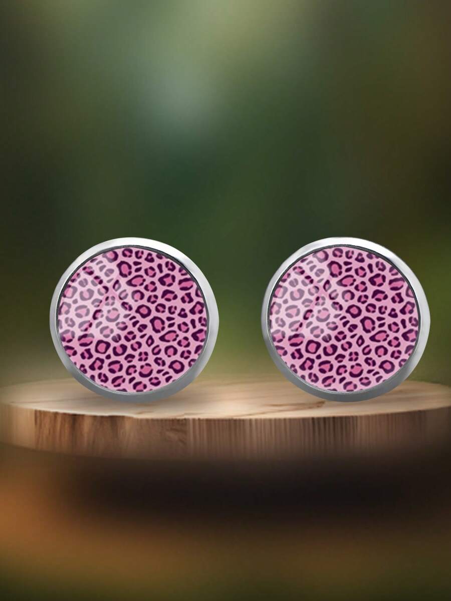 1 Pair Stainless Steel Round Stud Earrings With Pink Leopard Print Pattern, Sexy Minimalist Style Suitable For Women's Daily Wear And Gifts, Elegant Minimalist Jewelry Earrings Suitable For Women's Daily And Holiday Wear - Hot Pink - View 1