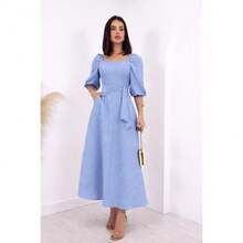 Women's Elegant Wide Dress With 3/4 Sleeve, A-Line Cut, Adjustable Waist And Square Neckline – Fashion Casual Chic Spring Summer Casual Elegant And Casual Fabric - Azul Bebe - 查看 2