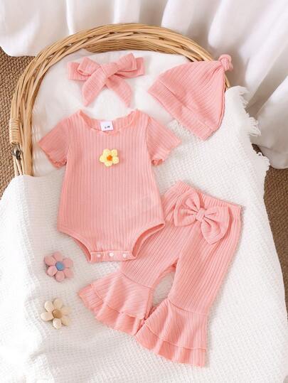 2pcs Newborn Baby (Girl) Cute Knitted Floral Short Sleeve Romper + Bell-Bottom Pants + Headband + Hat Set, Lightweight Spring/Summer Casual Minimalist Nature Style For Indoor & Outdoor