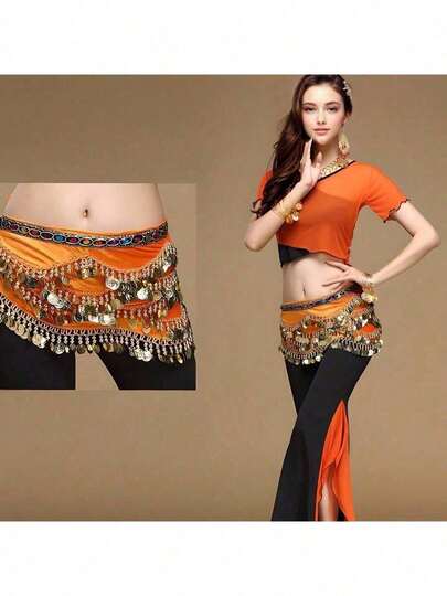 Bộ trang phục tập múa bụng mới, dây đeo eo hình đồng xu vàng, thắt lưng dài đính sequin dày dặn với tua rua.