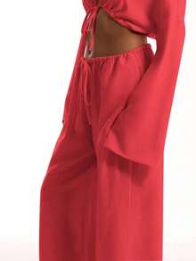 Pantalones de playa con efecto de lino con nudo delantero, elegantes para vacaciones de verano, casuales y bohemios, blancos, para aeropuerto y playa, para primavera y vacaciones - Rojo 2 - Ver 5