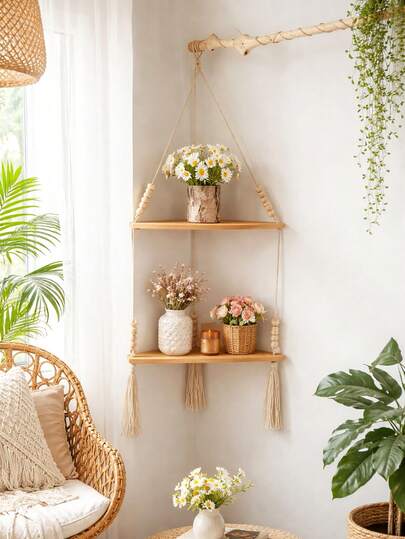 1 chiếc kệ treo tường hai tầng kiểu Bohemian, giá sách treo bằng dây macrame, kệ trang trí đan lát, trang trí phòng theo phong cách thẩm mỹ, giá đựng đồ treo tường kiểu mộc mạc, kệ trưng bày trang trí.