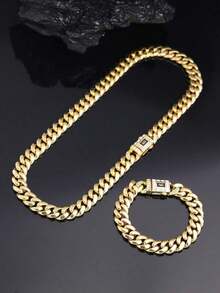 2pcs CVNANA Gold-Plated Men's Cuban Link Necklace & Bracelet Set, Punk Style Unisex Hip Hop Luxury Neck Chain Jewelry Set, Elegant Christmas Gift, Fashion Necklace, Perfect For Birthday, Valentine's Day, Father's Day - C - View 8