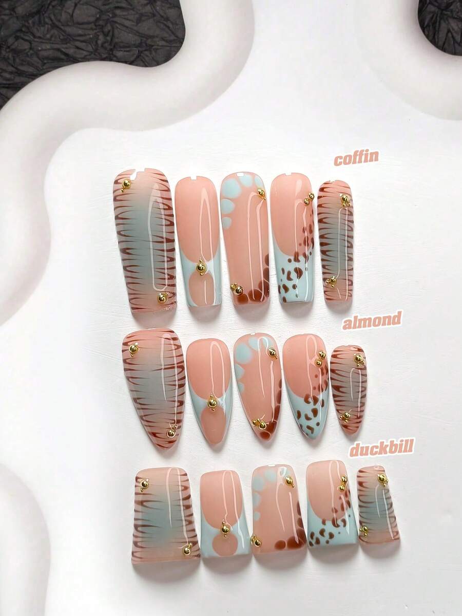 10pcs Y2K Style Handmade Nail Art Set, Including Gel Nail Kit, Metal Ball Decor, Hand-Painted Brown Branch Texture, Blue Stone Path Pattern, Brown Leopard Print Nail Decor, Light Blue Ombre Decor, Blue Nail Polish, Suitable For Various Occasions Like Parties, Daily Wear, Photoshoots, Dates, Commuting In Spring/Summer, Comes With Nail Tools (1 Jelly Sticker + 1 Nail File), Available In 3 Shapes: Almond, Duck Mouth, Coffin - Nhiều màu - Xem 1