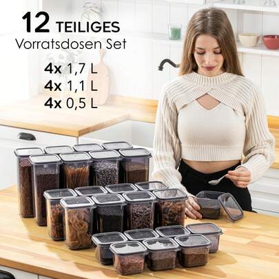 Bocaux de conservation avec couvercles, hermétiques, lot de 12 boîtes de rangement, rangement et organisation de la cuisine, organisateur de cuisine, bocaux pour aliments secs