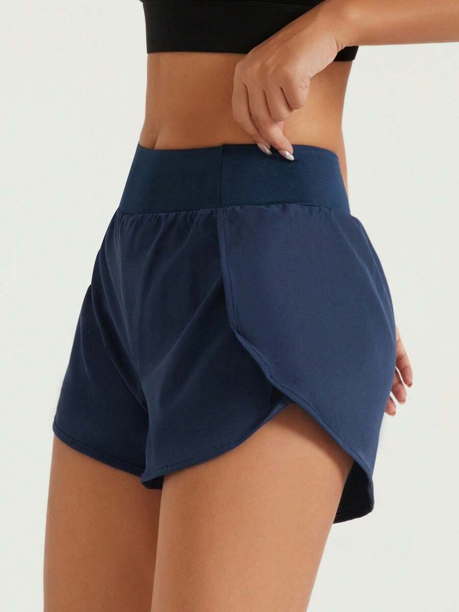 NcmRyu 1 chiếc quần short nữ màu trơn có lớp lót, túi ẩn và xẻ tà bên hông, quần short thể thao tennis co giãn. - Màu xanh hải quân - Xem 1