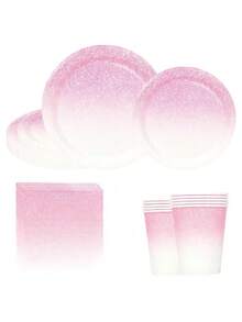 10 Stücke/20 Stücke/50 Stücke/80 Stücke rosa Farbverlauf Glitzer Papier Geschirr, rosa Pappteller & Becher 6,5" Servietten - 9" Speiseteller und 7" Dessert Teller, Partyzubehör geeignet für Hochzeit, Bridal-Shower, Geburtstagsfeier Dekoration, unisex - Rosa Farbverlauf - Übersicht 1