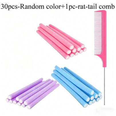 30支装柔性泡沫卷发棒套装，含1把尖尾梳，可打造多种发型，适合日常、旅行和睡眠时使用，无需加热即可卷发，是理发店美容旅行必备的美发产品和配件。
