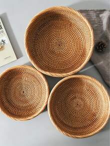 1/3pcs Round Woven Storage Basket, Suitable For Vegetables, Fruits, Bread, Snacks, Can Decorate Tabletop, Living Room, Bathroom, Kitchen Counter (Small/Medium/Large), Modern Boho Style Rope Plant Hanging Basket, Wooden Rattan Geometric Basket, Natural Metal Frame Accent, Suitable For Coastal Garden Decor - Khaki - View 2