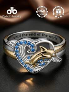 S925纯银海豚、波浪和心形雕刻双色蓝色锆石戒指，浪漫海洋风珠宝，母爱戒指，守护戒指，母亲节礼物，附赠礼盒 - 海豚母愛戒指 - 查看 3
